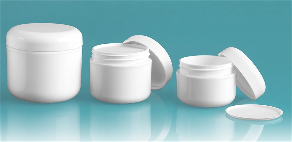 Polypropylene Plastic Jars, White Double Wall Radius Jars w/ White Lined Dome Caps & Cosmetic Disc Liners