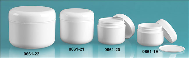 Plastic Jars, White Polypropylene Double Wall Radius Jars w/ White Lined Dome Caps & Cosmetic Disc Liners