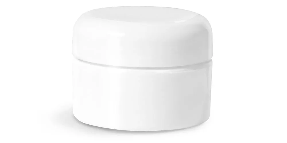 1/2 oz Plastic Jars, White Double Wall Straight Base Jars w/ White Lined Dome Caps