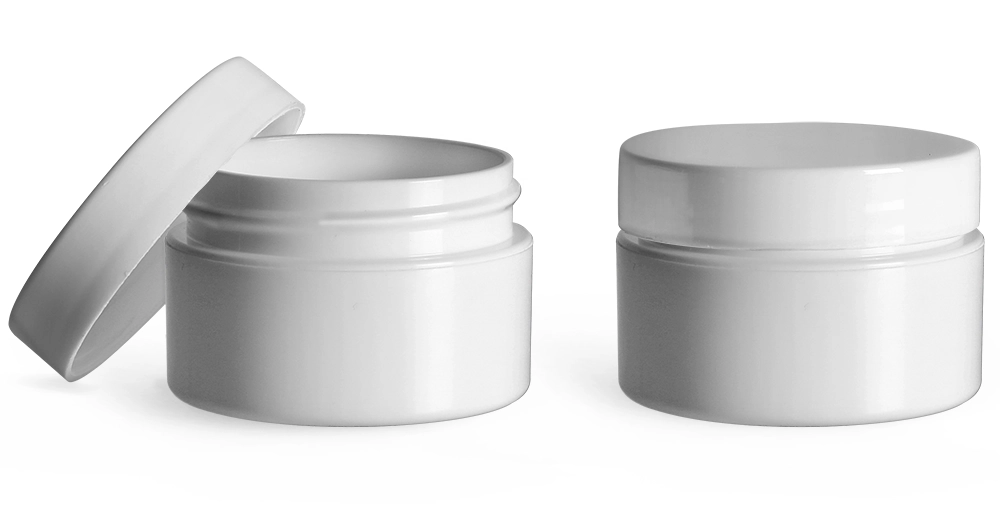 Polypropylene Plastic Jars, White Double Wall Straight Base Jars w/ White Lined Smooth Caps