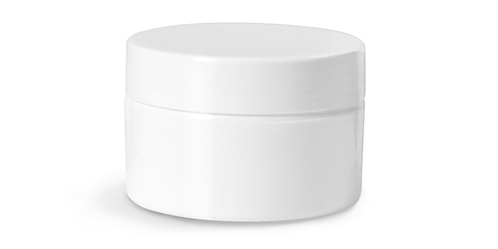 1/2 oz Plastic Jars, White Double Wall Straight Base Jars w/ White Smooth Caps