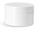 Polypropylene Plastic Jars, White Double Wall Straight Base Jars w/ White Smooth Unlined Caps