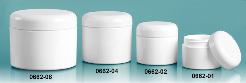 Plastic Jars, White Polypropylene Double Wall Straight Sided Jars w/ White Lined Dome Caps