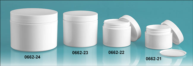 Plastic Jars, White Polypropylene Double Wall Jars w/ White Smooth Lined Caps & Cosmetic Disc Liners