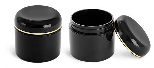 Black Polypropylene Double Wall Straight Sided Jars with Black Dome Caps with Gold Bands