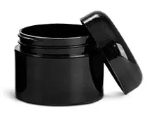 2 oz Plastic Jars, Black Polypropylene Double Wall Straight Sided Jars w/ Lined Black Dome Caps