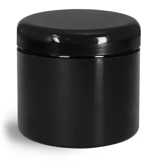 4 oz Plastic Jars, Black Polypropylene Double Wall Straight Sided Jars w/ Lined Black Dome Caps