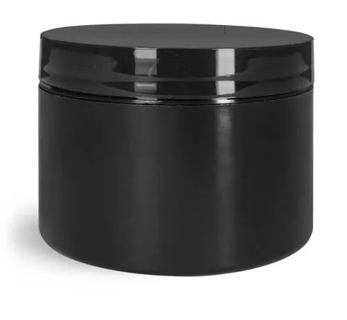 8 oz Black Polypro Double Wall Straight Sided Jars with Smooth Black Lined Caps