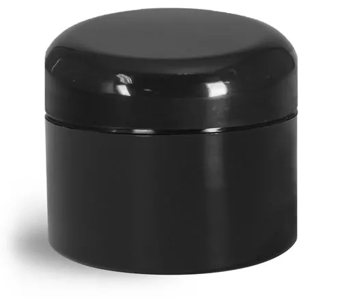 1 oz Plastic Jars, Black Polypropylene Double Wall Straight Sided Jars w/ Lined Black Dome Caps