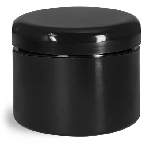 8 oz Plastic Jars, Black Polypropylene Double Wall Straight Sided Jars w/ Lined Black Dome Caps