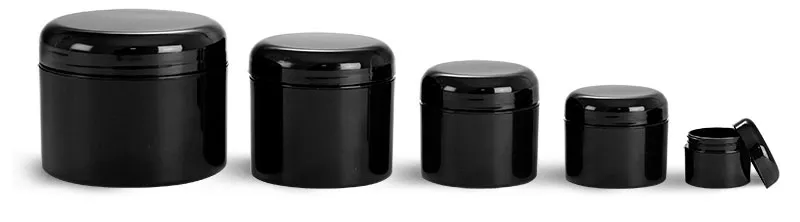 Polypropylene Plastic Jars, Black Double Wall Jars w/ Black Smooth Lined Dome Caps