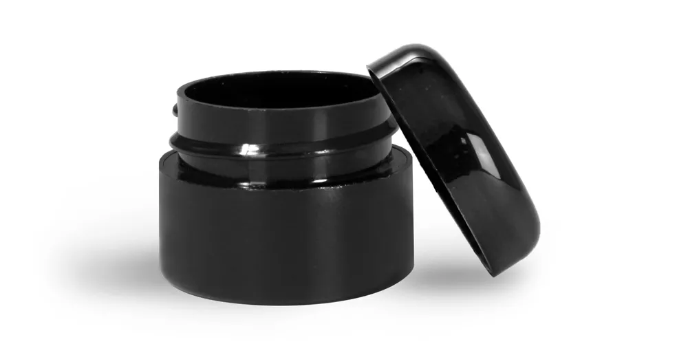 1/4 oz Plastic Jars, Black Polypropylene Double Wall Straight Sided Jars w/ Lined Black Dome Caps