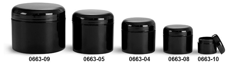 Plastic Jars, Black Polypropylene Double Wall Straight Sided Jars w/ Lined Black Dome Caps
