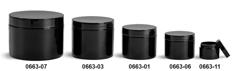 Plastic Jars, Black Polypropylene Double Wall Straight Sided Jars w/ Smooth Black PE Lined Caps