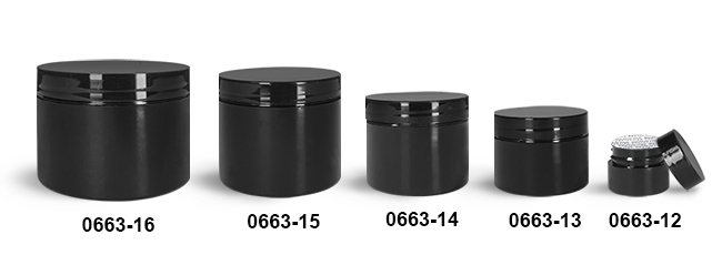 Plastic Jars, Black Polypropylene Double Wall Straight Sided Jars w/ Black PS22 Lined Caps