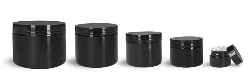 Polypropylene Plastic Jars, Black Double Wall Jars w/ Black PS22 Lined Caps