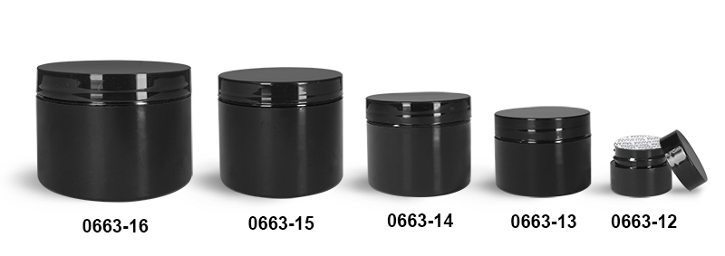 Plastic Jars, Black Polypropylene Double Wall Straight Sided Jars w/ Black PS22 Lined Caps