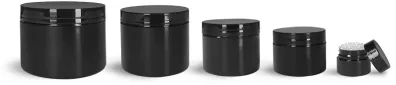 Polypropylene Plastic Jars, Black Double Wall Jars w/ Black PS22 Lined Caps