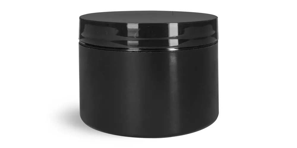 8 oz Plastic Jars, Black Polypro Double Wall Straight Sided Jar w/ Black PS22 Lined Caps