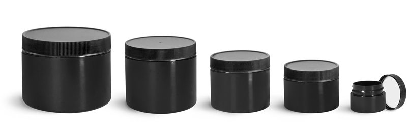 Polypropylene Plastic Jars, Black Double Wall Straight Sided Jars w/ Black Ribbed PE Lined Caps