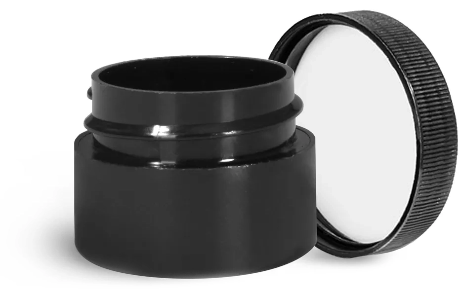 1/4 oz Plastic Jars, Black Polypropylene Double Wall Straight Sided Jars w/ Black Ribbed PE Lined Caps