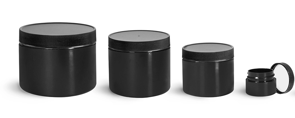 Polypropylene Plastic Jars, Black Double Wall Straight Sided Jars w/ Black Ribbed PE Lined Caps 