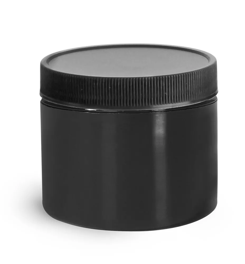 2 oz Plastic Jars, Black Polypropylene Double Wall Straight Sided Jars w/ Black Ribbed PE Lined Caps