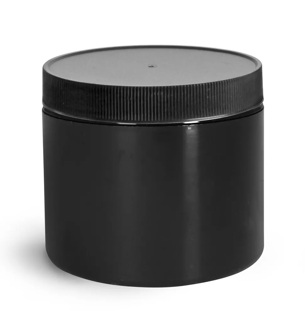 4 oz Plastic Jars, Black Polypropylene Double Wall Straight Sided Jars w/ Black Ribbed PE Lined Caps