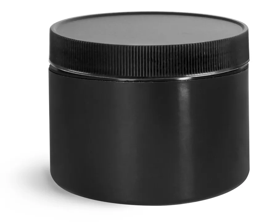 8 oz Plastic Jars, Black Polypropylene Double Wall Straight Sided Jars w/ Black Ribbed PE Lined Caps