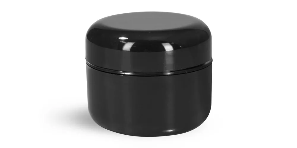 1 oz Plastic Jars, Black Plastic Double Wall Radius Jars w/ Black Lined Dome Caps