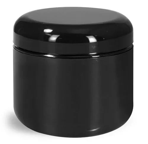 4 oz Plastic Jars, Black Plastic Double Wall Radius Jars w/ Black Lined Dome Caps