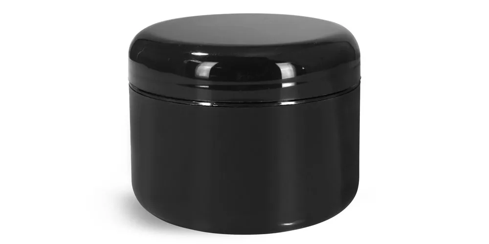 8 oz Plastic Jars, Black Plastic Double Wall Radius Jars w/ Black Lined Dome Caps