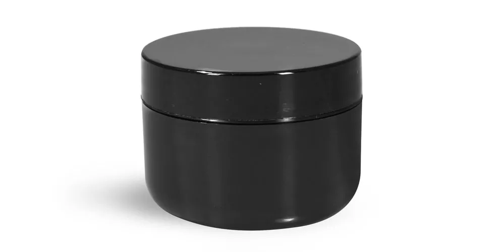 1 oz Plastic Jars, Black Polypro Double Wall Radius Jars w/ Smooth Black Lined Caps