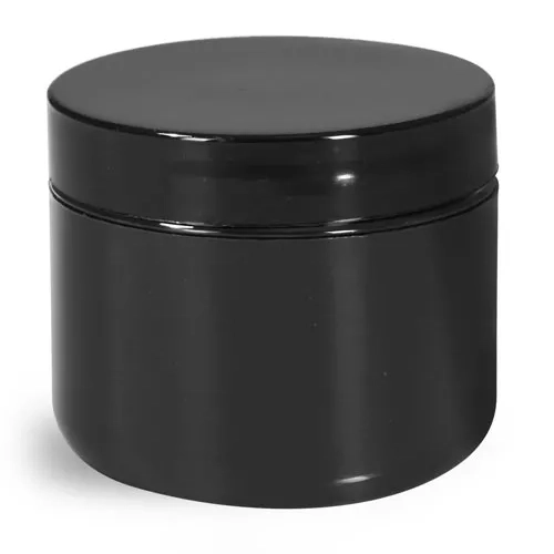 2 oz Plastic Jars, Black Polypro Double Wall Radius Jars w/ Smooth Black Lined Caps