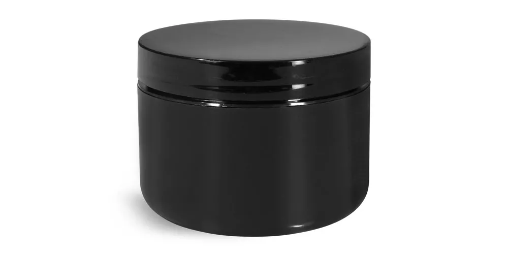 8 oz Plastic Jars, Black Polypro Double Wall Radius Jars w/ Smooth Black Lined Caps