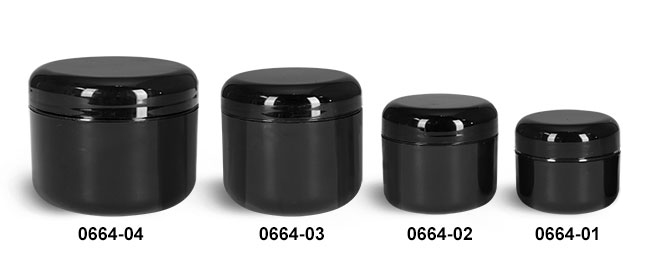 Plastic Jars, Black Plastic Double Wall Radius Jars w/ Black Lined Dome Caps