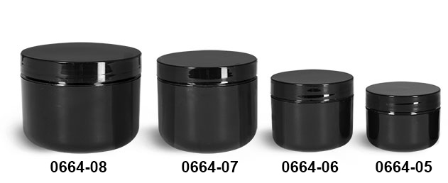 Plastic Jars, Black Plastic Double Wall Radius Jars w/ Smooth Black Lined Caps