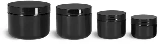 Polypropylene Plastic Jars, Black Plastic Double Wall Radius Jars w/ Smooth Black Lined Caps