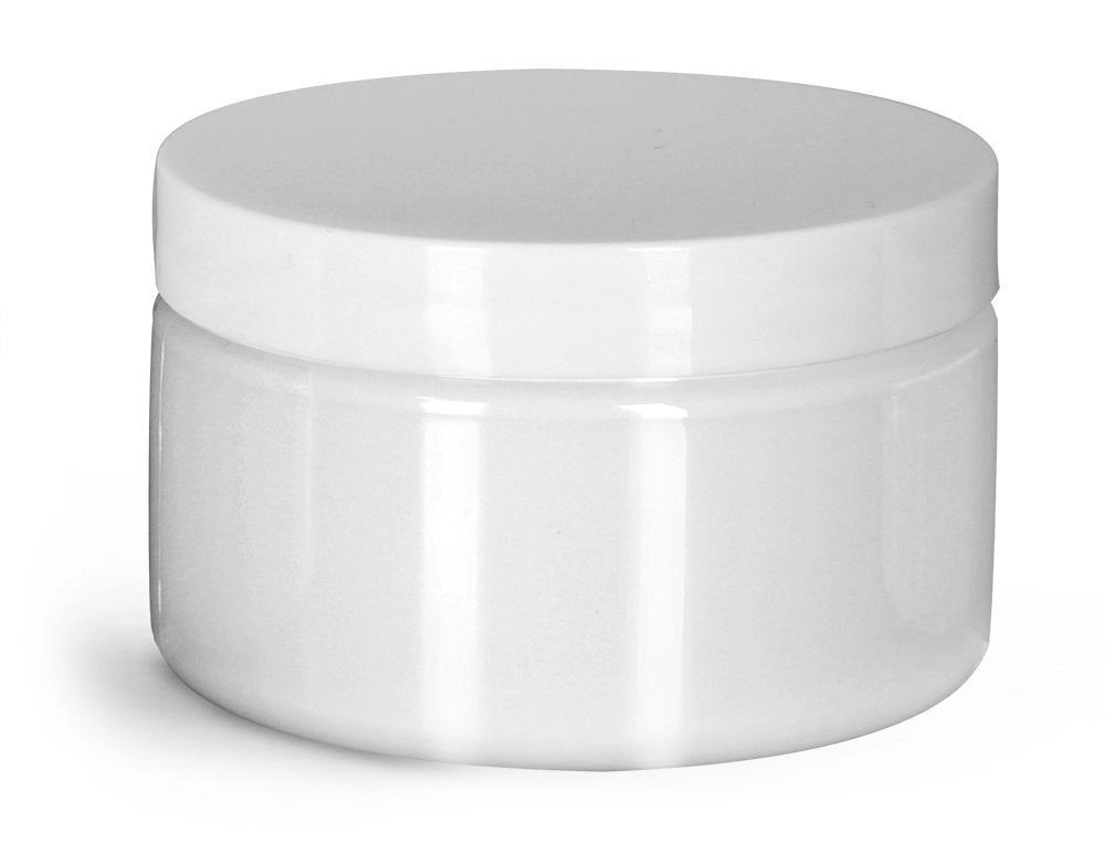 PET Plastic Jars, White Heavy Wall Jars w/ White Smooth PE Lined Caps