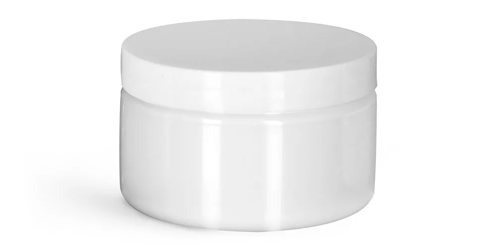 4 oz Plastic Jars, White PET Heavy Wall Jars w/ White Smooth PE Lined Caps