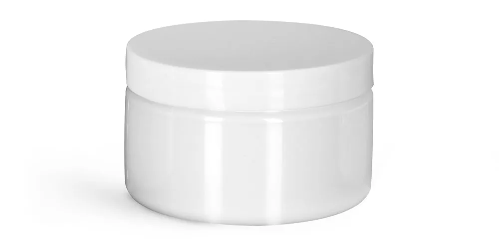4 oz Plastic Jars, White PET Heavy Wall Jars w/ White Smooth Unlined Caps