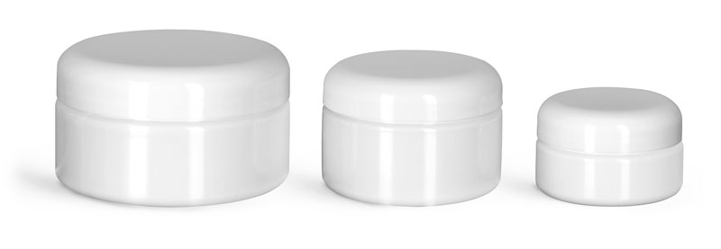 PET Plastic Jars, White Heavy Wall Jars w/ White PE Lined Dome Caps