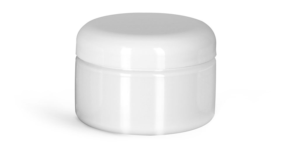 4 oz Plastic Jars, White PET Heavy Wall Jars w/ White Lined Dome Caps