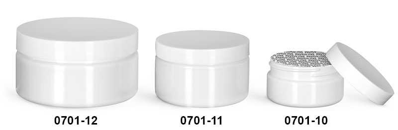 Plastic Jars, White PET Heavy Wall Jars w/ White Smooth PS22 Lined Caps
