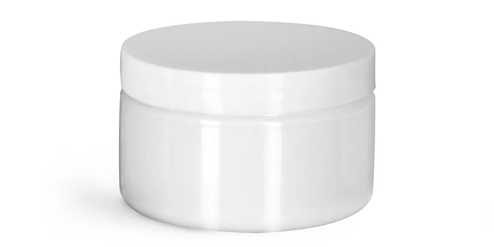 4 oz Plastic Jars, White PET Heavy Wall Jars w/ White Smooth PS22 Lined Caps