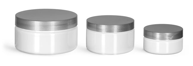 Plastic Jars, White PET Heavy Wall Jars w/ Silver Smooth PE Lined Caps