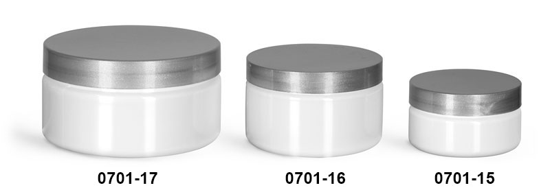 Plastic Jars, White PET Heavy Wall Jars w/ Silver Smooth PE Lined Caps