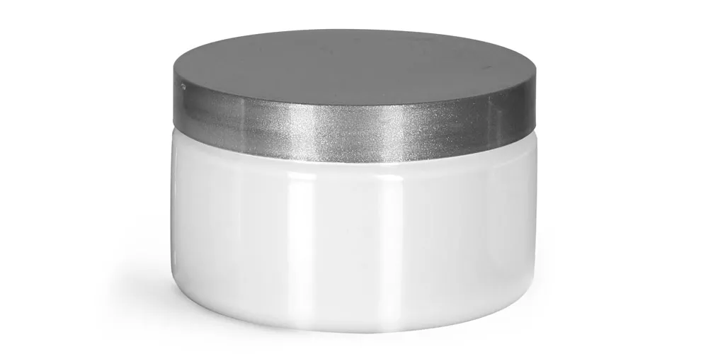 4 oz Plastic Jars, White PET Heavy Wall Jars w/ Silver Smooth PE Lined Caps