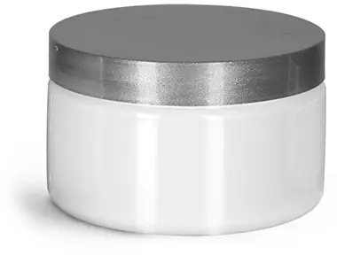 PET Plastic Jars, White Heavy Wall Jars w/ Silver Smooth PE Lined Caps