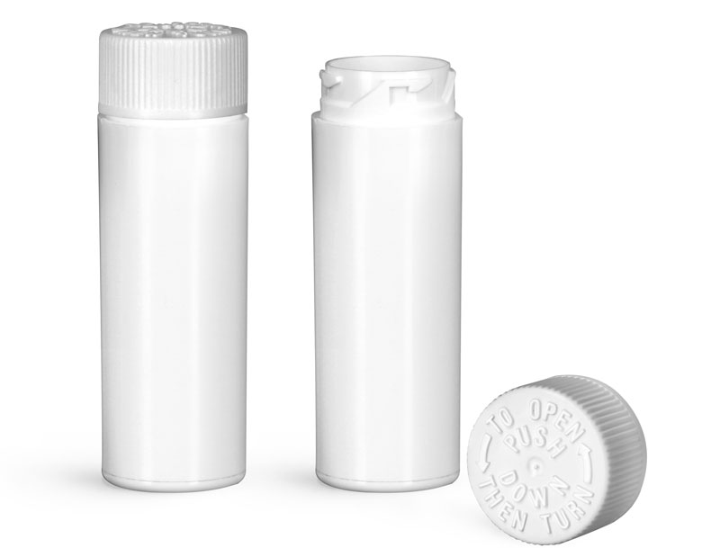 Plastic Vials, White Polypropylene Purse Pak Vials w/ White Child Resistant Caps and Plug Liners
